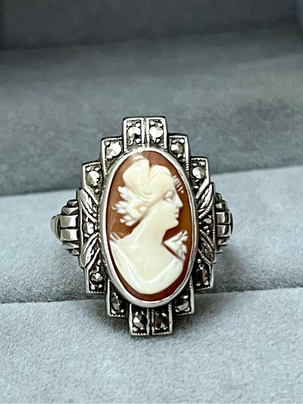 Vintage Carved Cameo Marcasite Oval Sterling Ring in Orange Brown and Cream